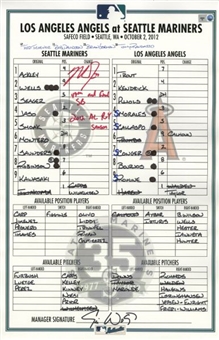Mike Trout Signed Los Angeles Angels vs Seattle Mariners Game Used Lineup Card Inscribed "49th and Final SB, 2012 AL ROY Season"(MLB AUTH)